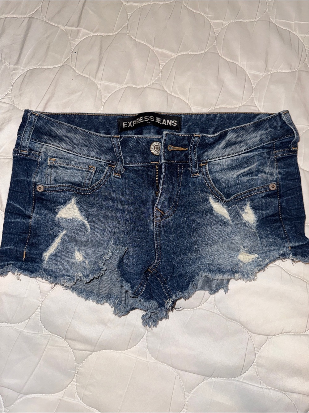 Express Frayed Hem Dark Blue Distressed Jean Shorts
